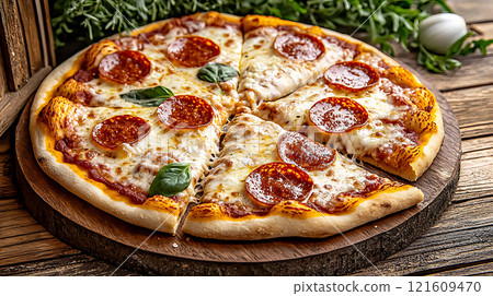 High sodium meals. Classic pepperoni pizza with extra cheese and fresh basil on wooden board, surrounded by herbs, creating delicious and inviting atmosphere 121609470