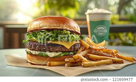 High sodium meals. Juicy burger with cheese, lettuce, and fries on table, accompanied by drink. setting is bright and inviting, perfect for delicious meal 121609477