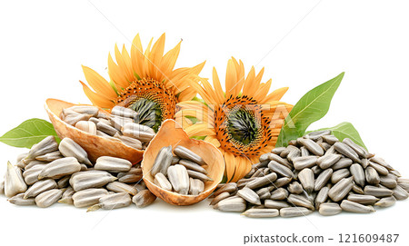 High sodium meals. Sunflower seeds in shells with vibrant sunflowers and green leaves create rustic snack display High sodium meals. Sunflower seeds in shells with vibrant sunflowers and green leaves create rustic snack display 121609487
