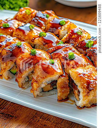 High sodium meals. Sushi rolls with glossy soy sauce glaze and garnished with green onions on white plate. vibrant presentation highlights rich flavors and textures of dish 121609488