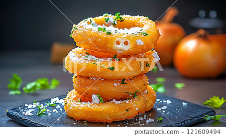 High sodium meals. Golden onion rings stacked on slate board, sprinkled with salt and garnished with fresh parsley, creating crunchy and savory snack 121609494