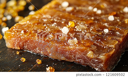 Close up of salt crusted steak with glistening juices on dark surface, showcasing texture and seasoning 121609502