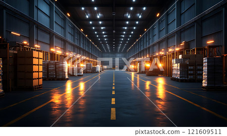Specialized warehouse designs. spacious, well lit warehouse interior with organized shelves and pallets, reflecting clean and efficient environment. polished floor and bright lights create sense of 121609511