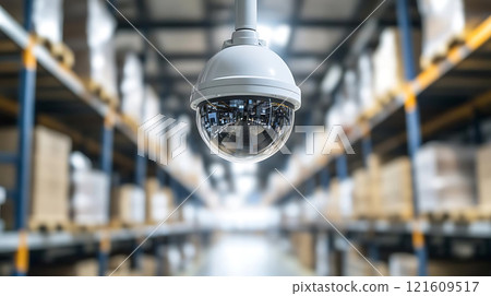 Specialized warehouse designs. security camera monitors high security warehouse with shelves full of boxes, ensuring safety and surveillance. camera is prominently featured, highlighting its 121609517