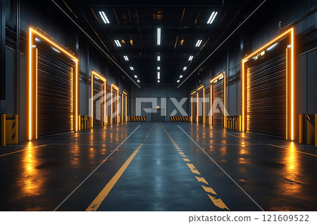 Specialized warehouse designs. modern warehouse interior with illuminated loading docks and sleek design, creating futuristic atmosphere. space is empty, highlighting clean lines and industrial style 121609522