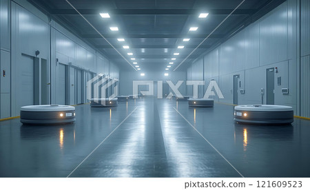 Specialized warehouse designs. modern medical supply warehouse with automated robots efficiently navigating spacious, well lit facility. sleek design and advanced technology create futuristic 121609523
