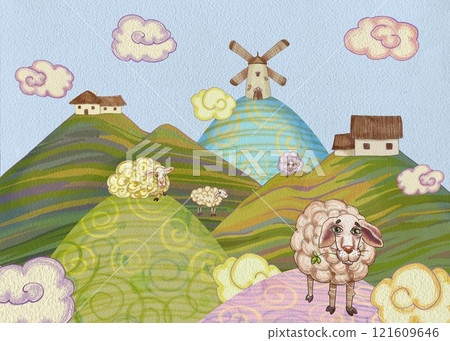 Watercolor illustration of hills, fluffy clouds, windmills, quaint houses and a sheeps. Perfect for rural tourism brochures, farm-themed products, greeting cards, apps, children's books, and stickers. 121609646