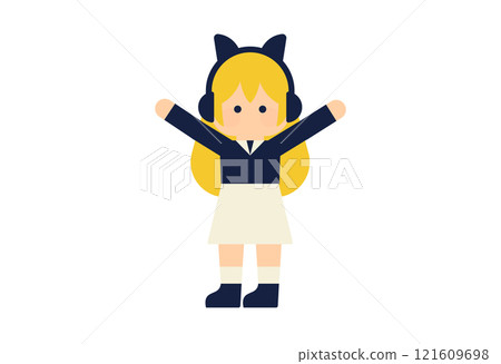 Illustration of a female character wearing cat ears and headphones (vector character material, deformed, simple) 121609698