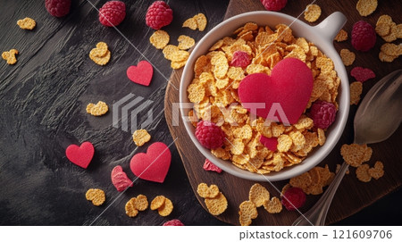 a bowl of golden cereal flakes decorated with red paper hearts and fresh raspberries a bowl of golden cereal flakes decorated with red paper hearts and fresh raspberries 121609706