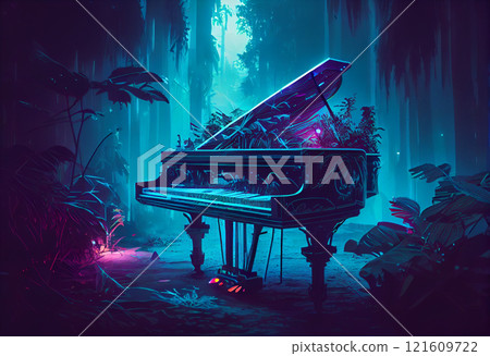 Piano standing in jungle forest in avatar style with neon lights illumination. Elysium musical concept of piano in nature scene background. Piano standing in jungle forest in avatar style with neon lights illumination. Elysium musical concept of piano in nature scene background. 121609722