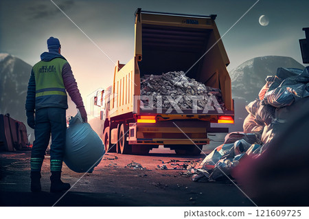 used plastic scavengers are working at a landfill loading sorted plastic waste onto a garbage pickup truck to be sent to recycling 121609725