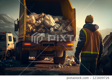 used plastic scavengers are working at a landfill loading sorted plastic waste onto a garbage pickup truck to be sent to recycling 121609726