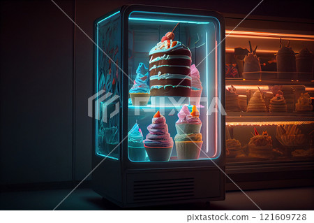 small kitchen appliances fridge with neon colors illumination. modern household refrigerator with glass door. 121609728
