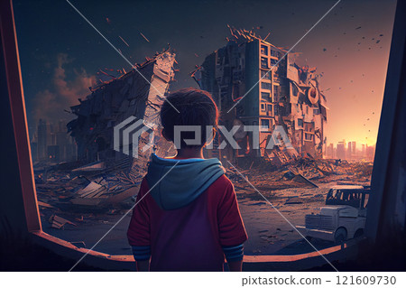 A lonely boy in an abandoned old children's school, old walls, abandoned strange left of our desert scenery, cinema view, atmospheric light of empty destroyed rooms. Unfinished red stone building 121609730