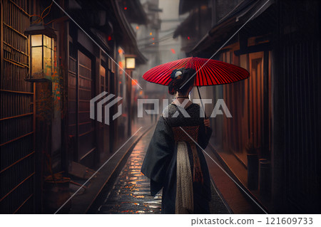 Young pretty geisha. Asian women wearing traditional japanese kimono in Yasaka Pagoda and Sannen Zaka Street with Cherry blossom season in Kyoto, Japan. Woman walking to sight seeing in Japan. 121609733