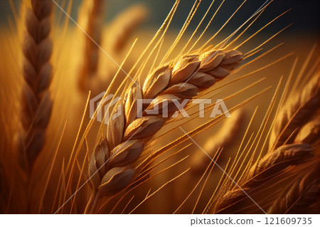 Close-up of wheat ears against a wheat field Close-up of wheat ears against a wheat field 121609735