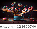Flying and falling sweet colored buns and a blue cup of coffee on a black background. Breakfast concept. 121609740