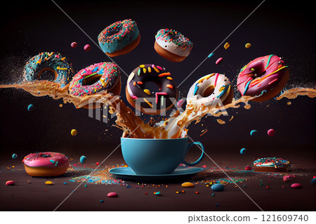 Flying and falling sweet colored buns and a blue cup of coffee on a black background. Breakfast concept. 121609740