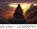 Man meditating yoga at sunset mountains Travel Lifestyle relaxation emotional concept adventure summer vacations outdoor harmony with nature 121609743