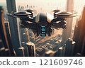 drone quadcopter with digital camera hovering over city. Futuristic cityscape aerial view. 121609746