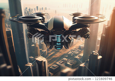 drone quadcopter with digital camera hovering over city. Futuristic cityscape aerial view. 121609746