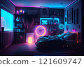 Interior of stylish bedroom with neon lighting 121609747