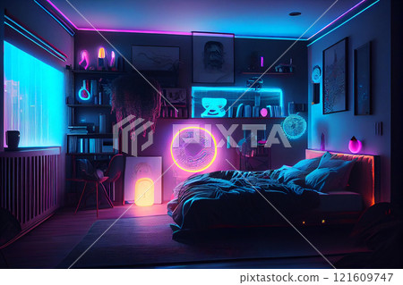 Interior of stylish bedroom with neon lighting 121609747
