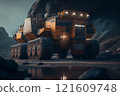 Large quarry dump truck. Big yellow mining truck at work site. Loading coal into body truck. Production useful minerals. Mining truck mining machinery to transport coal from open-pit production 121609748