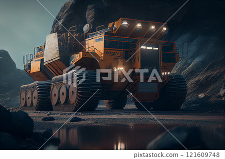 Large quarry dump truck. Big yellow mining truck at work site. Loading coal into body truck. Production useful minerals. Mining truck mining machinery to transport coal from open-pit production 121609748
