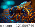 Close up view of the working bees on honeycells. 121609749