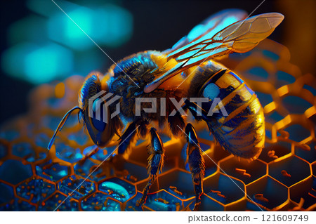 Close up view of the working bees on honeycells. 121609749