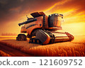 Combine harvester harvests ripe wheat. agriculture 121609752