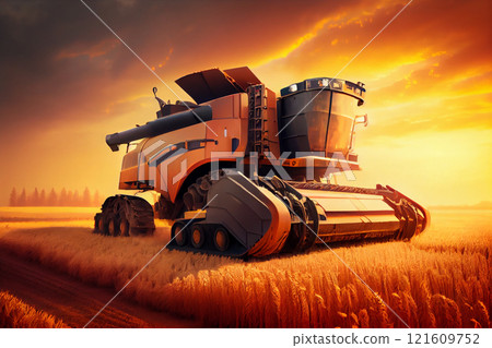 Combine harvester harvests ripe wheat. agriculture 121609752