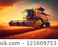 Combine harvester harvests ripe wheat. agriculture 121609753