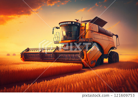 Combine harvester harvests ripe wheat. agriculture 121609753