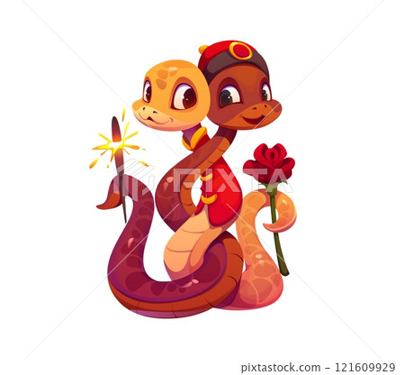 Cartoon Asian snake characters with love feelings. Valentine day intertwined reptiles couple dressed in festive Chinese attire, holding a sparkler and red rose, celebrates love, unity, and festive joy 121609929