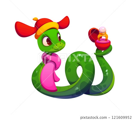 Cartoon Asian green snake in red traditional Chinese winter hat and a pink scarf, presenting a ring in a red box for proposal. Vector cute reptile snake character with love feelings for valentine day 121609952