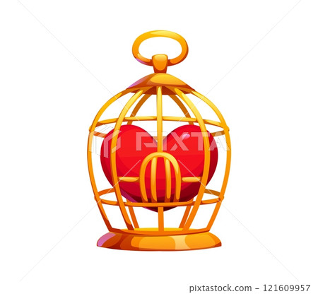 Cartoon golden cage encloses a vibrant red heart, symbolizing love, captivity or emotional restraint. Vector Valentine day holiday symbol of relationships, freedom, or heartfelt emotions 121609957
