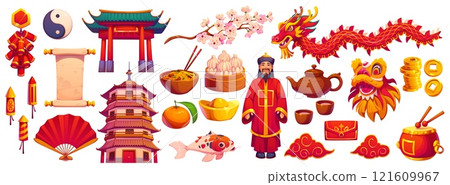 Chinese lunar New Year holiday characters of cartoon dragon, traditional food and red envelopes. Vector asian spring festival gold ingot, fan, fish and firecrackers. Chinese New Year lion mask, temple 121609967
