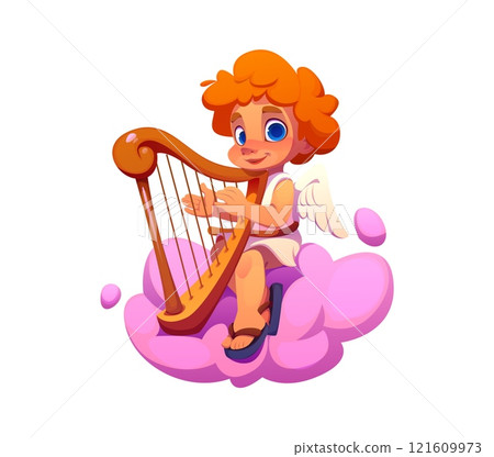 Cartoon valentine cherub and sweet angel character with orange curls and white wings playing a harp while sitting on a fluffy pink cloud, conveys serenity, and love playing romantic heavenly music Cartoon valentine cherub and sweet angel character with orange curls and white wings playing a harp while sitting on a fluffy pink cloud, conveys serenity, and love playing romantic heavenly music 121609973