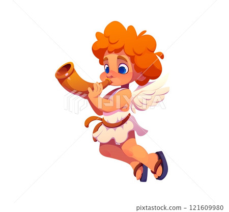 Cartoon valentine cherub and angel character with orange curls and white wings, blowing into a golden horn while mid flight. Cute Amour conveys heavenly joy and celebration for romantic festivities Cartoon valentine cherub and angel character with orange curls and white wings, blowing into a golden horn while mid flight. Cute Amour conveys heavenly joy and celebration for romantic festivities 121609980