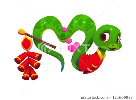 Chinese lunar new year and valentine day cartoon cute snake character with green scales and wearing red festive garment curls into a heart shape, with pink floating hearts and holding red firecrackers 121609982