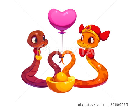 Chinese lunar new year and valentine day cartoon cute snake characters couple in a romantic pose form a heart shape with their tails, while share a golden sychee ingot and holding pink heart balloon 121609985