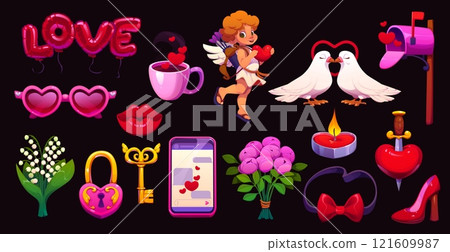 Cartoon Valentine day holiday symbols and characters of love hearts and angels, vector icons. Valentine day cupid cherub with arrows, love balloons message with heart lock or flowers and lips kiss 121609987
