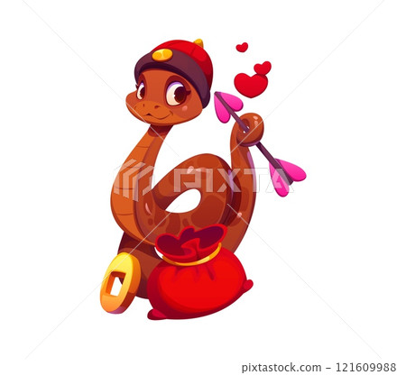 Chinese lunar new year and valentine day cartoon cute snake character wearing festive hat, holding a heart tipped arrow, surrounded by floating hearts, with money pouch and a gold coin lie beside 121609988