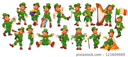 Cartoon Irish leprechaun man characters with beer, rainbow, golden coins and shamrock clover, vector icons. Saint Patrick Day or Ireland holiday leprechaun characters playing harp with green ale beer 121609989