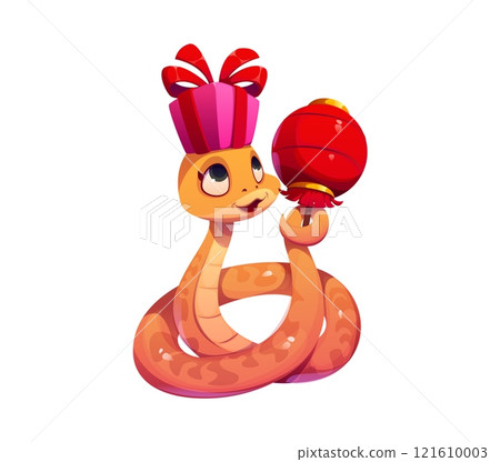 Valentine day cartoon snake character holding a festive red lantern and gift box on its head. Vector charming orange reptile, serpent animal symbolizing celebration and festivity, for Chinese New Year Valentine day cartoon snake character holding a festive red lantern and gift box on its head. Vector charming orange reptile, serpent animal symbolizing celebration and festivity, for Chinese New Year 121610003