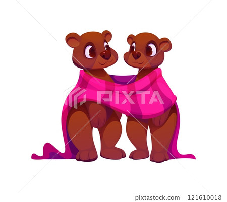 Two adorable cartoon bear characters wrapped in a shared pink blanket symbolize love, warmth, friendship and care, connection and togetherness, Valentine day, family or heartwarming relationship Two adorable cartoon bear characters wrapped in a shared pink blanket symbolize love, warmth, friendship and care, connection and togetherness, Valentine day, family or heartwarming relationship 121610018