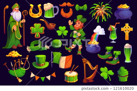 Saint Patrick Irish holiday characters and decorations. Cartoon vector set of leprechaun, shamrock, pot of gold with rainbow, flag, harp, musical instruments, and fireworks for festive celebration 121610020