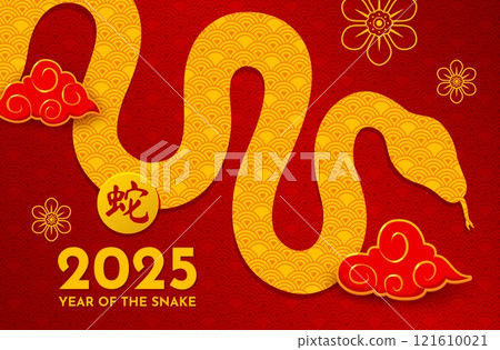 Snake silhouette and Happy Chinese New Year template for Asian holiday, vector banner. 2025 Lunar New Year greeting in hieroglyphs with horoscope snake in Chinese ornaments with red and golden clouds 121610021
